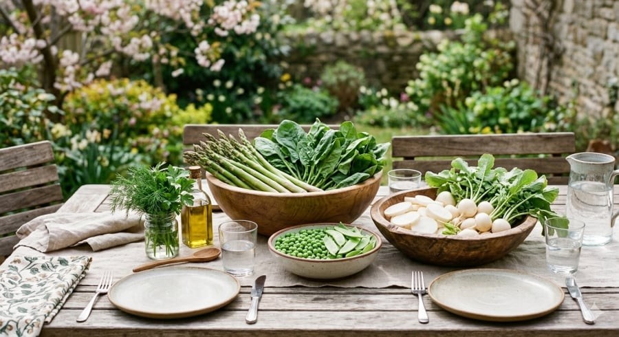 Rau củ mùa xuân giàu chất xơ và phytonutrients, hỗ trợ tiêu hóa và giúp cơ thể cân bằng sau mùa đông.