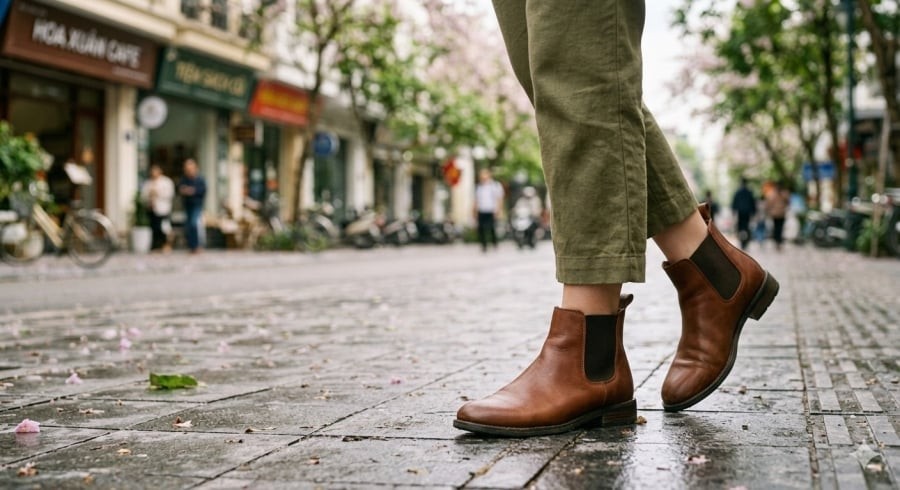 Giày nâu phối với quần 9 tấc giúp tạo hiệu ứng kéo dài đôi chân và tăng vẻ thanh lịch.