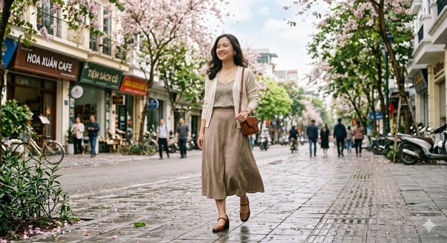 Giày nâu dễ kết hợp với chân váy, tạo phong cách dịu dàng nhưng vẫn tinh tế.