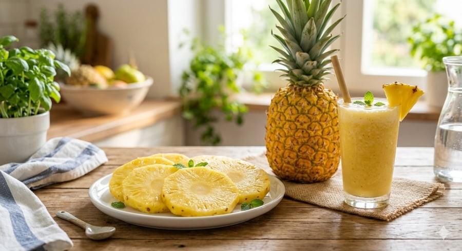 Dứa chứa enzyme bromelain cùng nhiều vitamin C, có thể hỗ trợ tiêu hóa và tăng cường sức đề kháng khi ăn đúng cách.