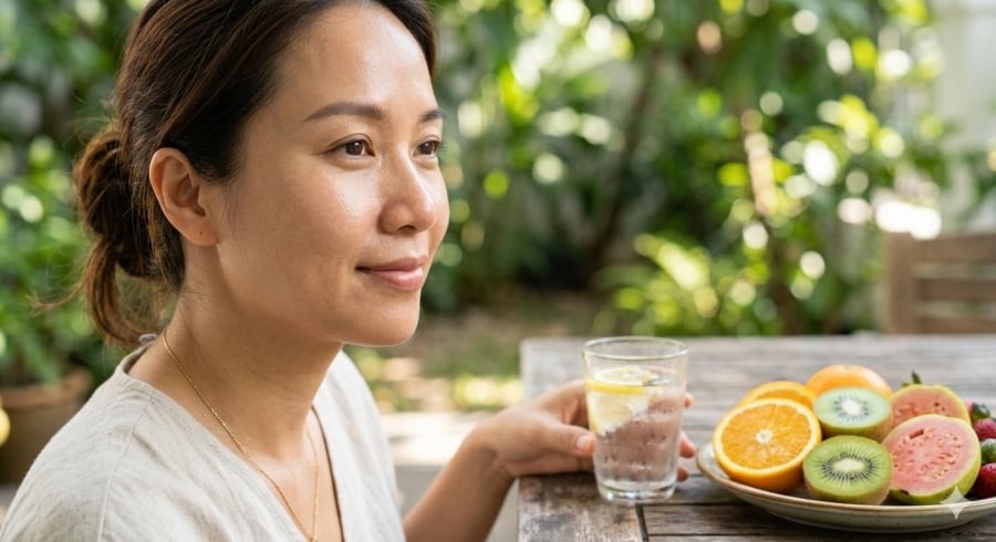 Lối sống lành mạnh và bổ sung vitamin C giúp hỗ trợ tăng sinh collagen tự nhiên, duy trì độ đàn hồi cho da.