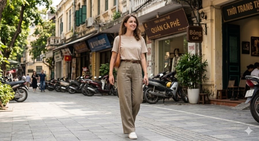 Áo thun trơn và quần ống rộng là công thức đơn giản nhưng năng động cho ngày thường.
