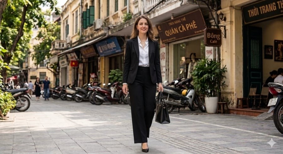 Quần âu ống rộng và áo sơ mi là công thức kinh điển của thời trang công sở.