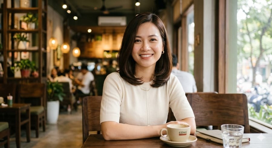 Tóc ngang vai đuôi cụp giúp gương mặt trông mềm mại và thanh lịch hơn.