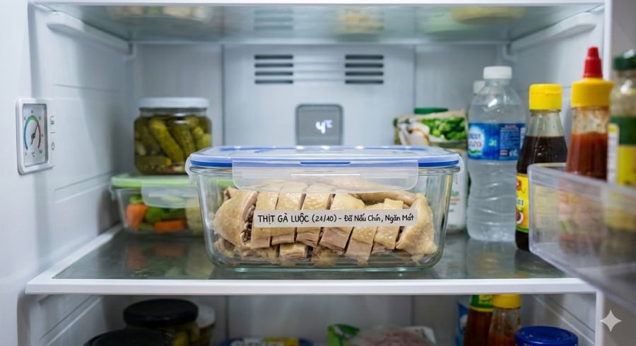 Thịt gà chín nên được cho vào hộp kín và bảo quản trong ngăn mát tủ lạnh không quá 3–4 ngày.