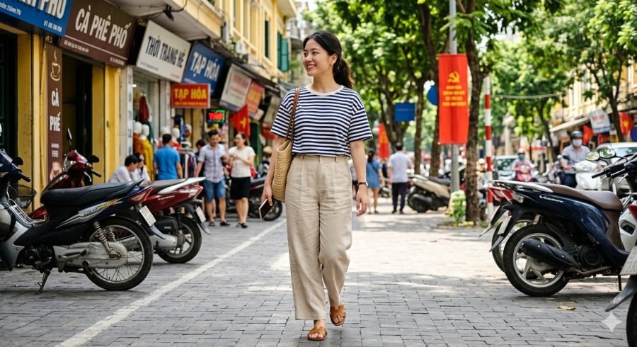 Áo kẻ ngang giúp phong cách mùa hè thêm năng động nhưng vẫn giữ được sự đơn giản.