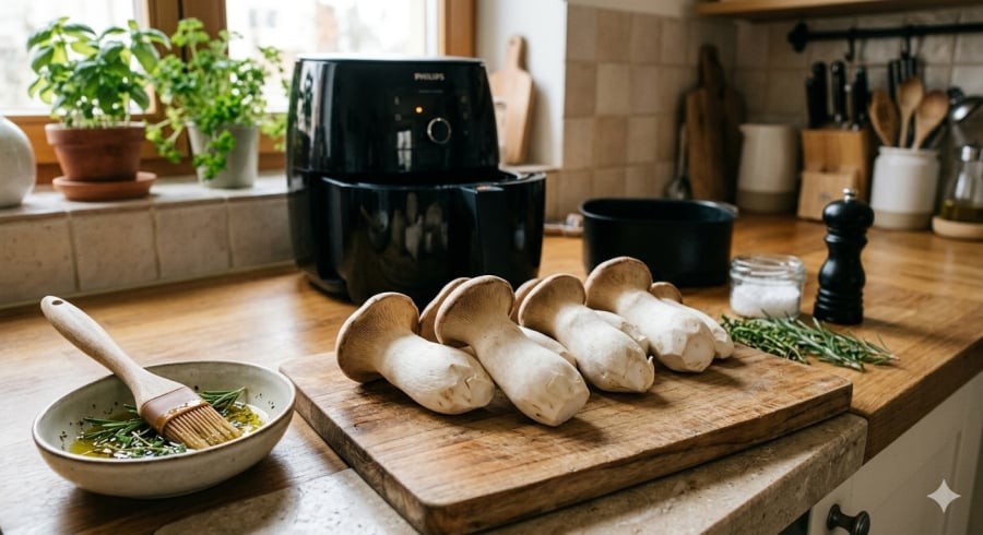 Nấm đùi gà tươi là nguyên liệu chính để làm món nấm nướng xém cạnh bằng nồi chiên không dầu.