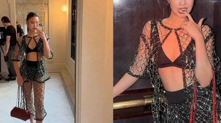  Jennie mang đến một góc nhìn khác trẻ trung và thời trang hơn. Bộ móng tay được sơn cùng tông xanh với trang phục