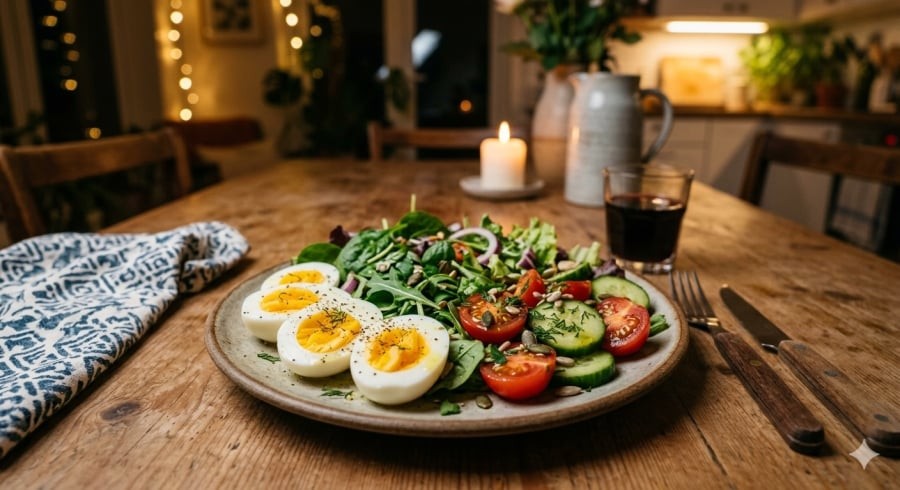 Trứng luộc kết hợp rau xanh là lựa chọn bữa tối nhẹ nhàng, ít dầu mỡ và thân thiện với sức khỏe tim mạch.