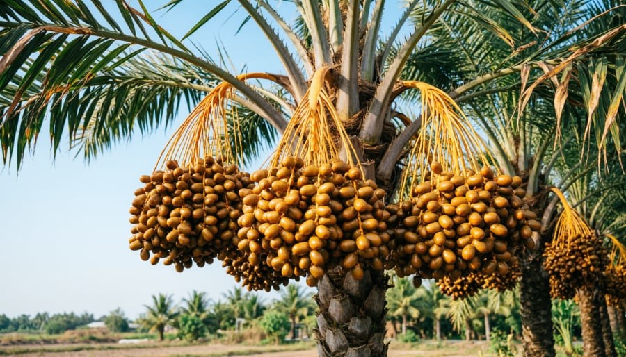Buồng chà là chín trên cây tại một vườn trồng ở Đồng Tháp, thời điểm quả đạt độ ngọt cao nhất trong năm.