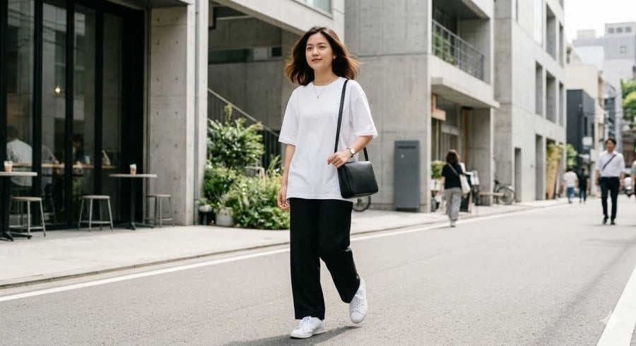 Công thức áo thun và quần đen ống suông mang lại vẻ ngoài hiện đại, dễ mặc trong nhiều hoàn cảnh.