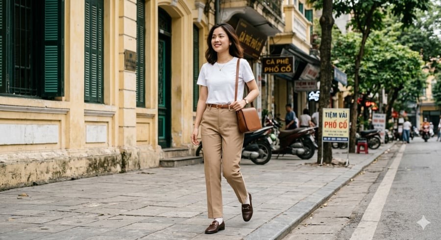 Áo thun kết hợp quần âu ly giữa tạo phong cách thanh lịch nhưng vẫn thoải mái cho ngày hè.