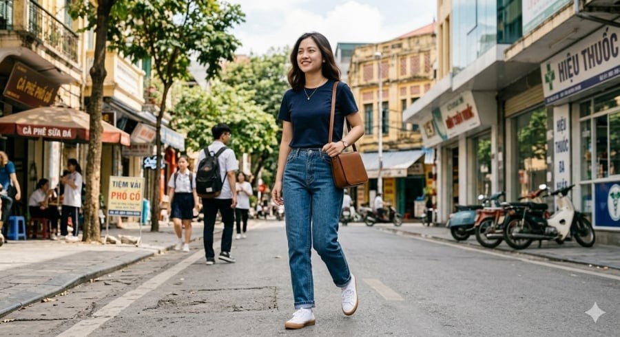 Áo thun và quần jeans xanh là bộ đôi kinh điển giúp tạo vẻ ngoài năng động và dễ ứng dụng.