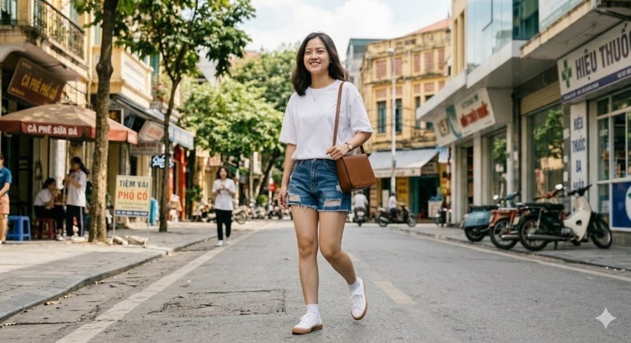 Áo thun phối quần short mang lại sự thoải mái, phù hợp với thời tiết nóng và các hoạt động ngoài trời.