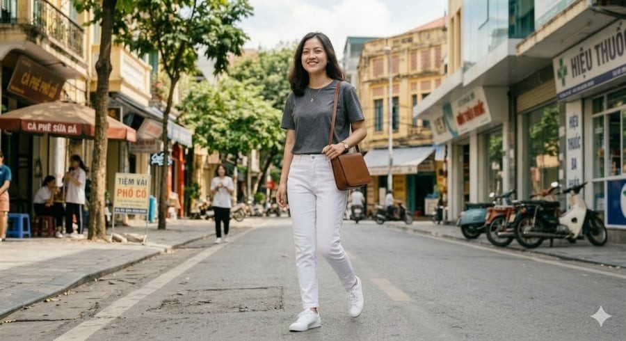 Quần denim trắng giúp set đồ áo thun mùa hè trở nên sáng sủa và nổi bật hơn.