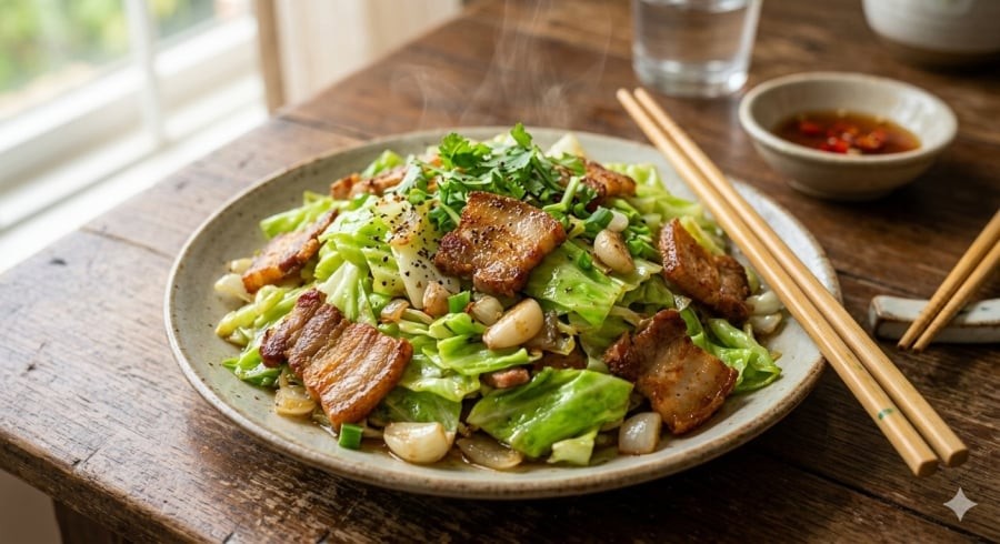 Bắp cải xào thịt ba chỉ – món ăn quen thuộc, giòn ngọt và đậm đà, rất đưa cơm.