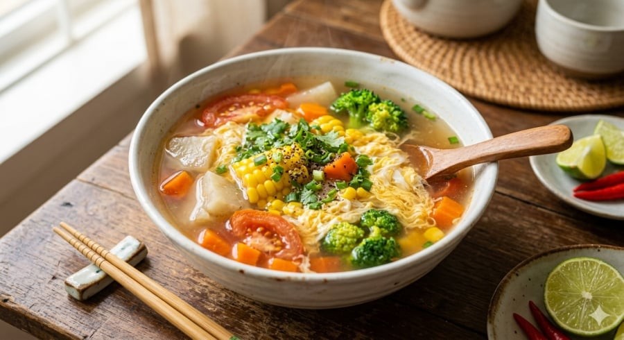 Canh cà chua củ mài thanh nhẹ, món ăn giúp bữa cơm gia đình thêm dễ tiêu và nhẹ bụng.