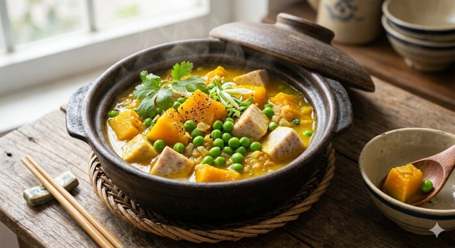 Bí ngô hầm khoai môn mềm bùi, vị ngọt tự nhiên, dễ ăn cho cả gia đình.