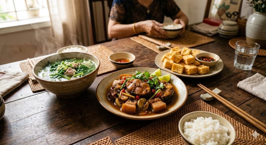 Cá, đậu phụ và rau xanh là những món ăn giản dị nhưng mang ý nghĩa tượng trưng cho cuộc sống ổn định và sung túc.