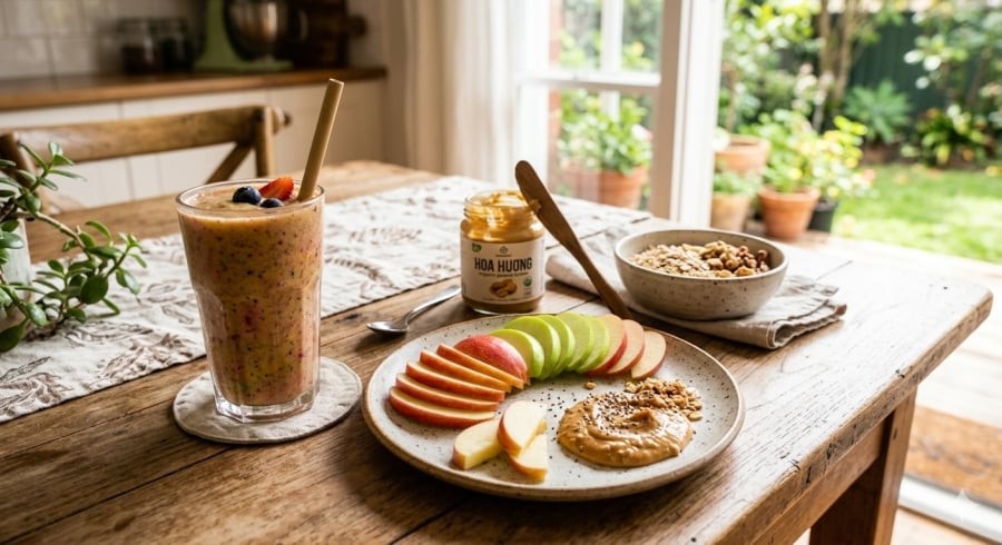 Táo, bơ hạt và sinh tố giàu protein là những món ăn nhẹ đơn giản giúp duy trì cảm giác no và hỗ trợ kiểm soát cân nặng ở người lớn tuổi.