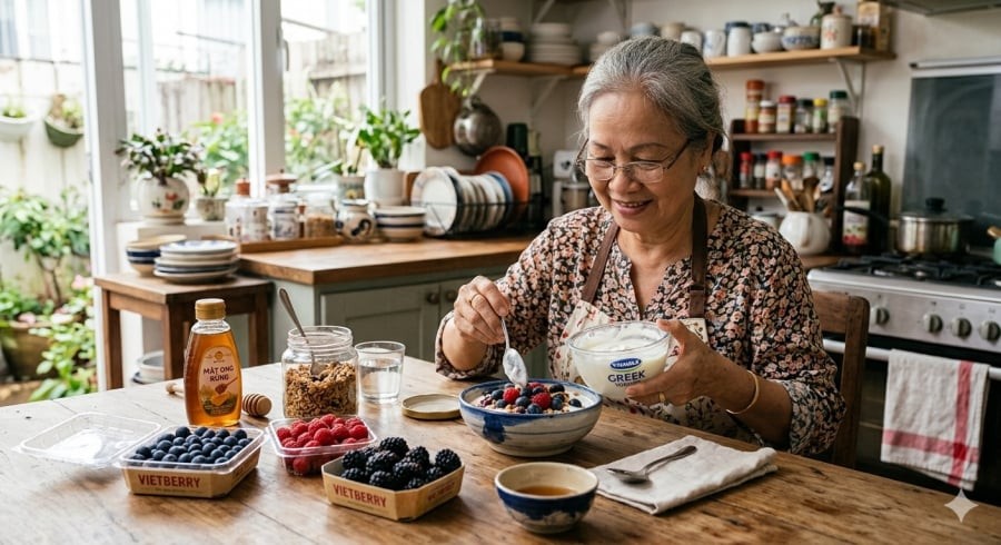 Sữa chua Hy Lạp kết hợp quả mọng là món ăn nhẹ giàu protein và chất xơ, phù hợp cho người sau 60 tuổi muốn kiểm soát vòng bụng.