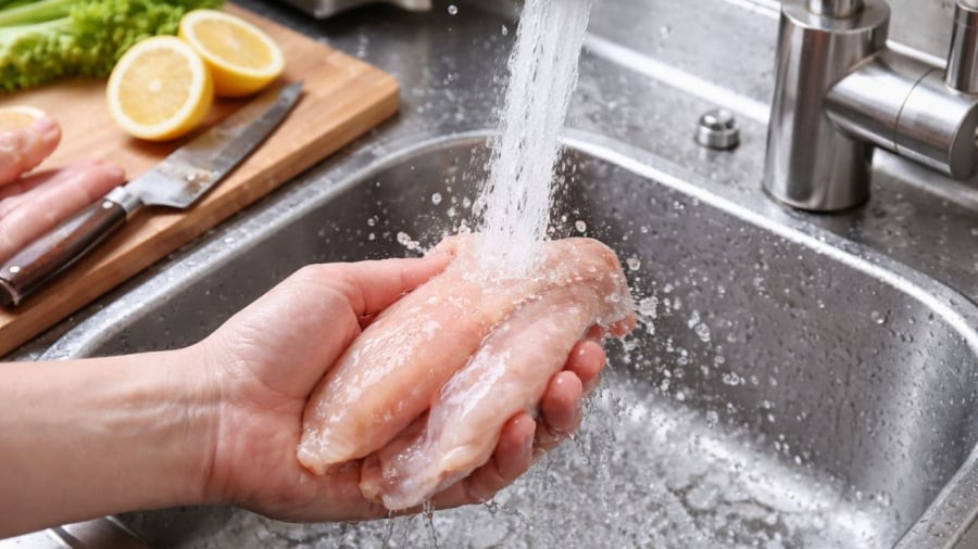 Rửa thịt dưới vòi nước mạnh là không cần thiết mà còn gây một số hệ luỵ