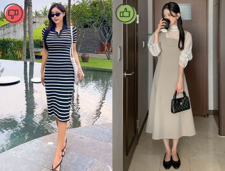 Các đường kẻ chạy ngang thân váy thường tạo cảm giác cơ thể rộng hơn so với thực tế, đặc biệt ở khu vực eo và hông.