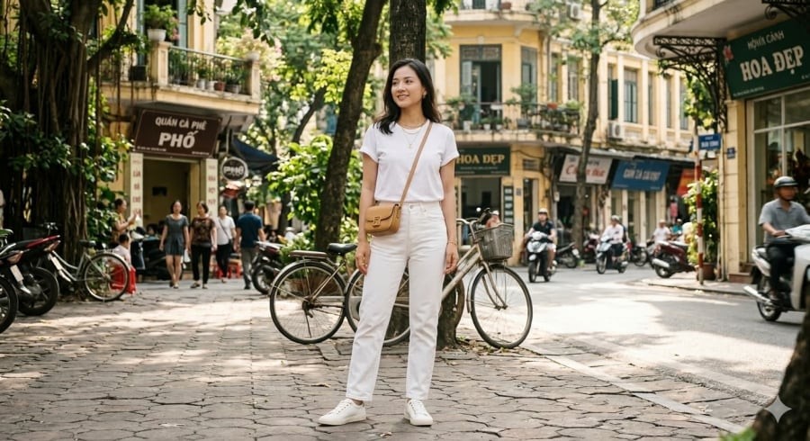 Chỉ cần quần trắng và áo phông đơn giản cũng đủ tạo nên set đồ trẻ trung, dễ ứng dụng hàng ngày.