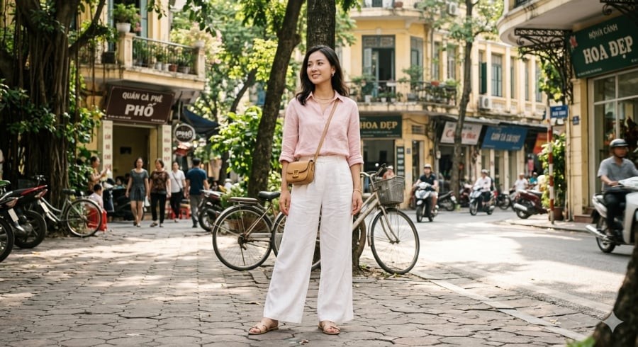 Quần trắng ống rộng giúp tổng thể trang phục trở nên nhẹ nhàng và mát mắt trong những ngày đầu hè.