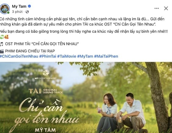 Bài đăng nhanh chóng thu hút sự chú ý khi đi kèm là poster bức ảnh đôi của Mỹ Tâm và Mai Tài Phến trong phim.