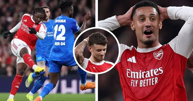 Saliba và White kinh ngạc vì bàn thắng siêu phẩm của Eze.