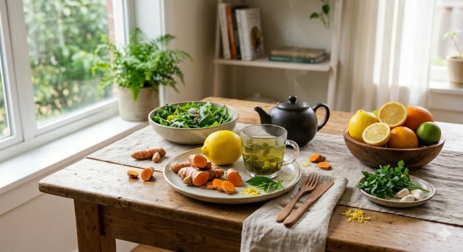 Kết hợp trà xanh, nghệ và trái cây giàu vitamin C giúp hỗ trợ thải độc và bảo vệ gan.