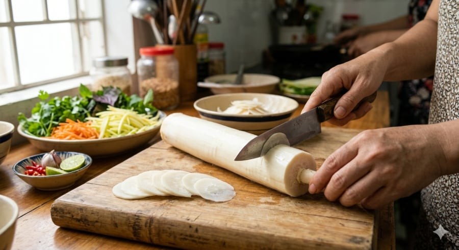 Đọt cau – phần tinh túy hiếm có, giòn ngọt, thường chỉ xuất hiện trong bữa cơm quê.