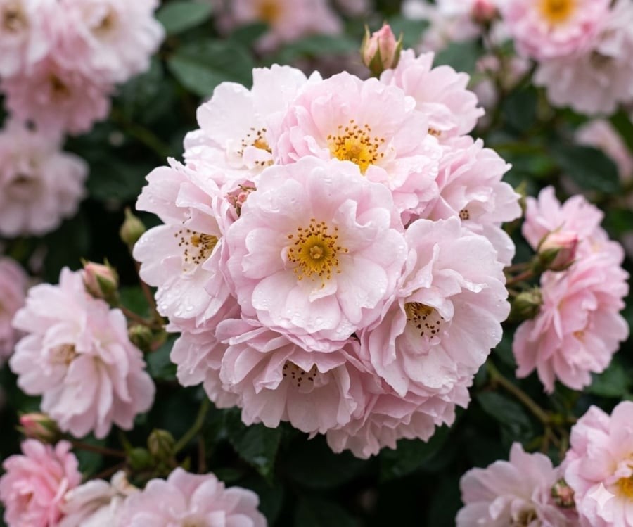 Cận cảnh chùm hoa hồng Brise Parfum màu hồng nhạt, cánh xếp mềm mại và hương thơm dịu lan tỏa.