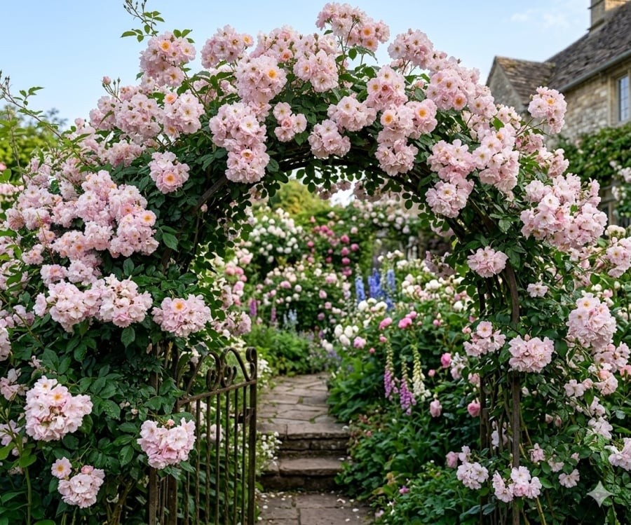 Giàn hoa hồng Brise Parfum nở rủ như thác, phủ kín cổng vòm khiến khu vườn trở nên thơ mộng và đầy sức sống.