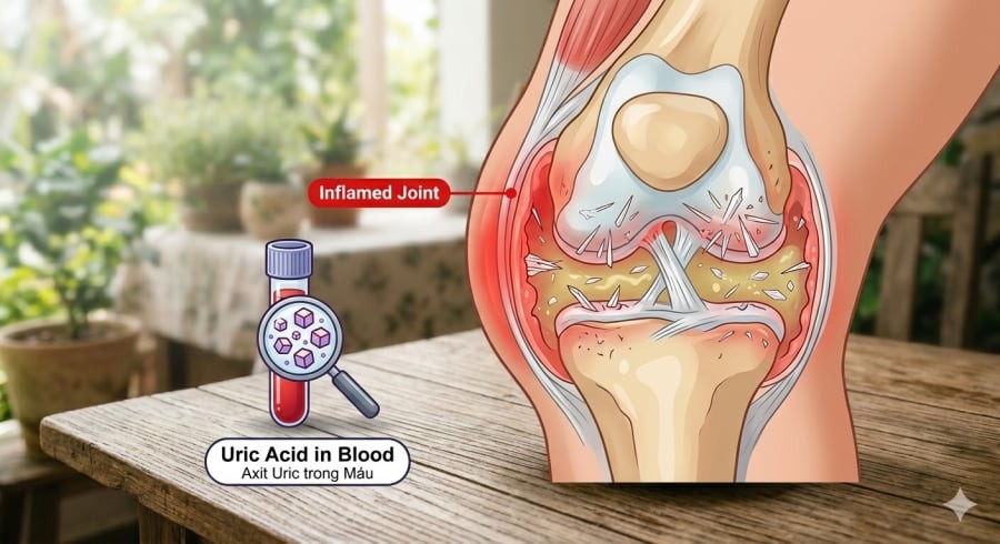Axit uric tăng cao có thể dẫn đến hình thành tinh thể trong khớp, gây đau và viêm đặc trưng của gout.