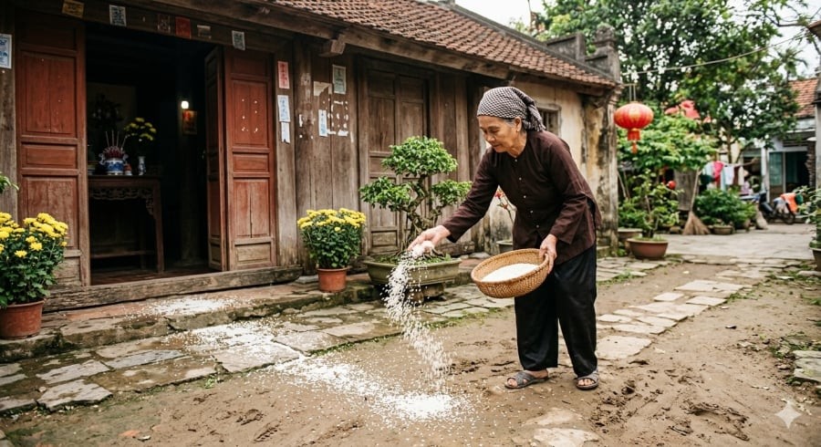 Rắc gạo nếp trước cửa nhà để tạo cảm giác bảo vệ và ổn định không gian sống
