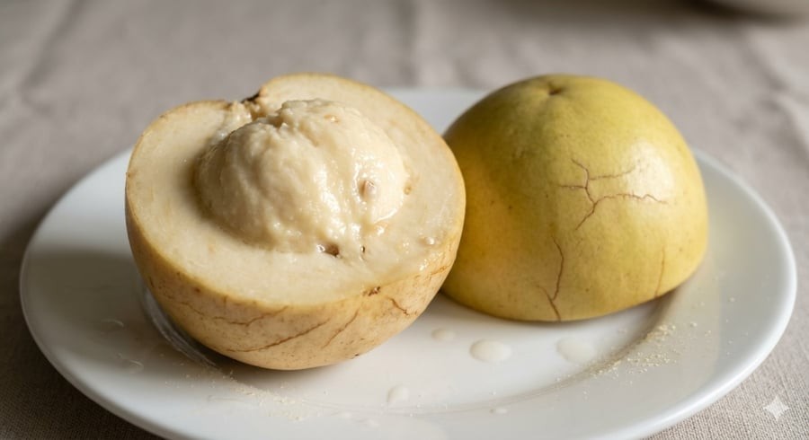 Quả bánh kem khi chín có phần thịt mềm, trắng và sền sệt, thường được ăn bằng muỗng.