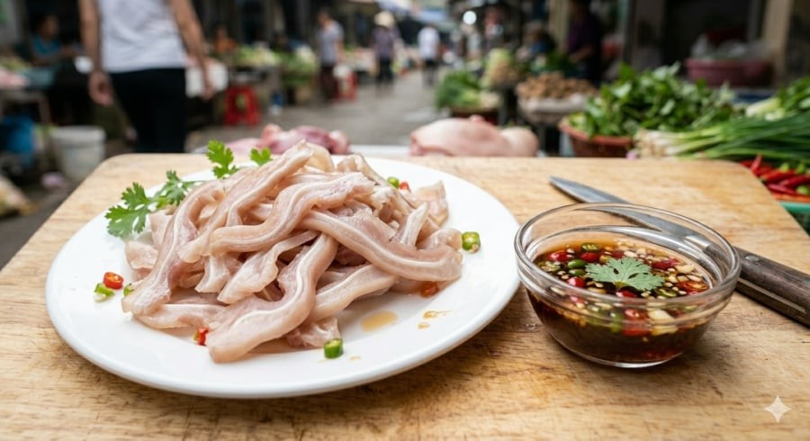 Đĩa tai lợn luộc thái mỏng, trắng giòn hấp dẫn, ăn kèm nước mắm tỏi ớt đậm đà