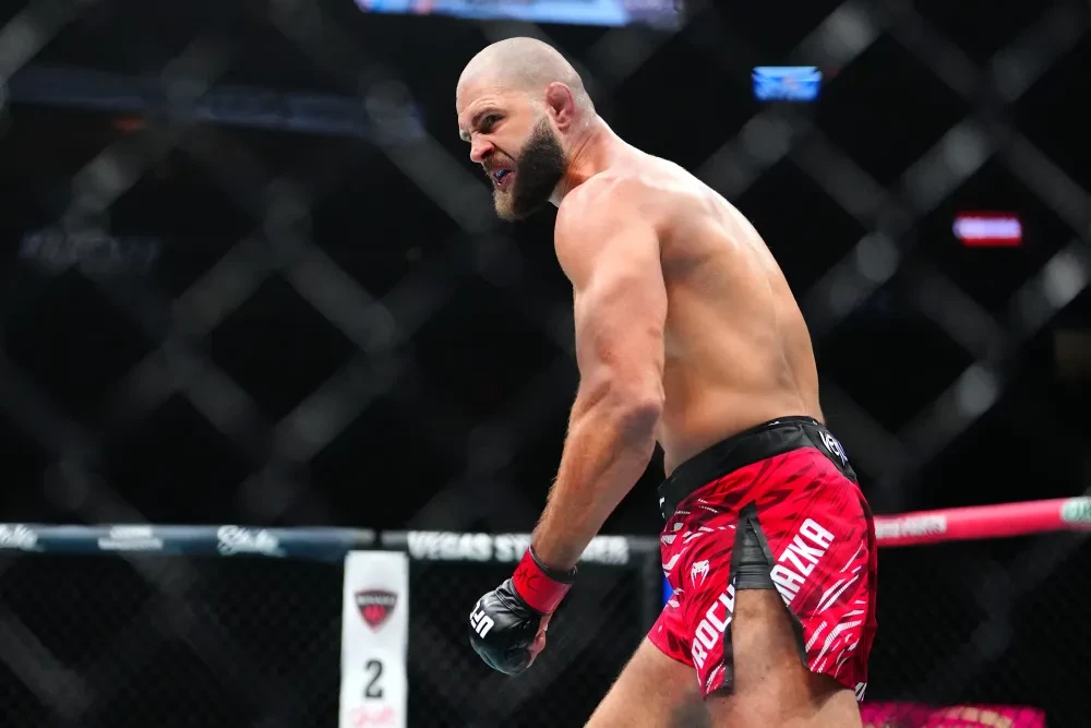 Jiri Prochazka of the Czech Republic reacts to his knockout of Khalil Rountree Jr. in a light heavyweight fight during the UFC 320 event at T-Mobile Arena