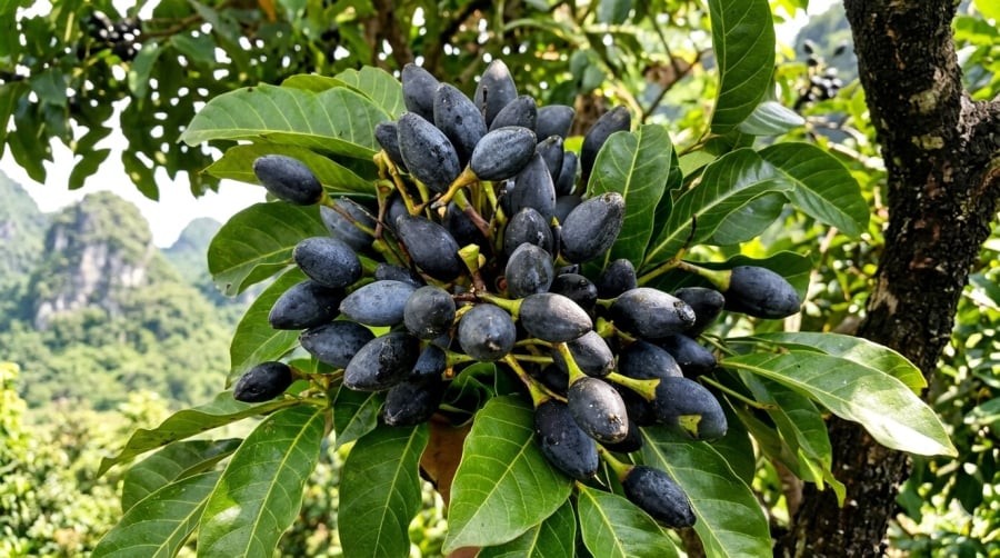 Quả trám nếp đen chín với lớp vỏ tím đen bóng trên cây rừng