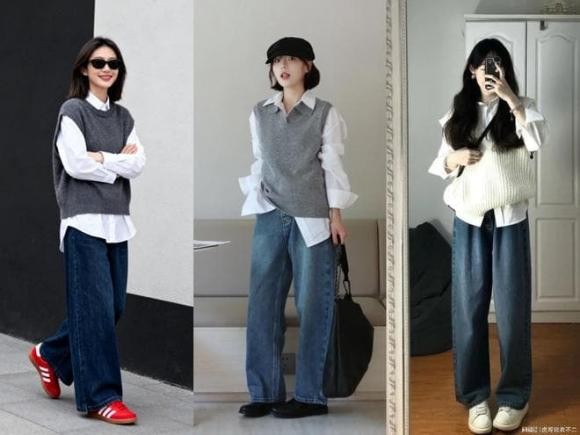 Khi kết hợp với áo gile len hoặc áo sweater mỏng, áo sơ mi trắng giúp tổng thể trông trẻ trung và có điểm nhấn hơn.