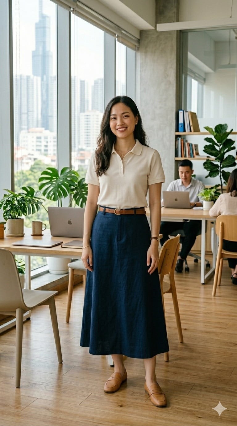 Chân váy chữ A kết hợp áo có cổ mang lại vẻ ngoài gọn gàng, thanh lịch mà vẫn năng động.