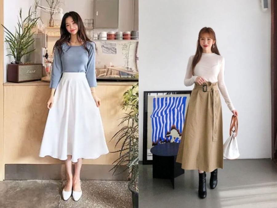 Một chiếc chân váy dài qua gối không chỉ mang lại sự kín đáo mà còn giúp tổng thể trang phục trông tinh tế hơn. 