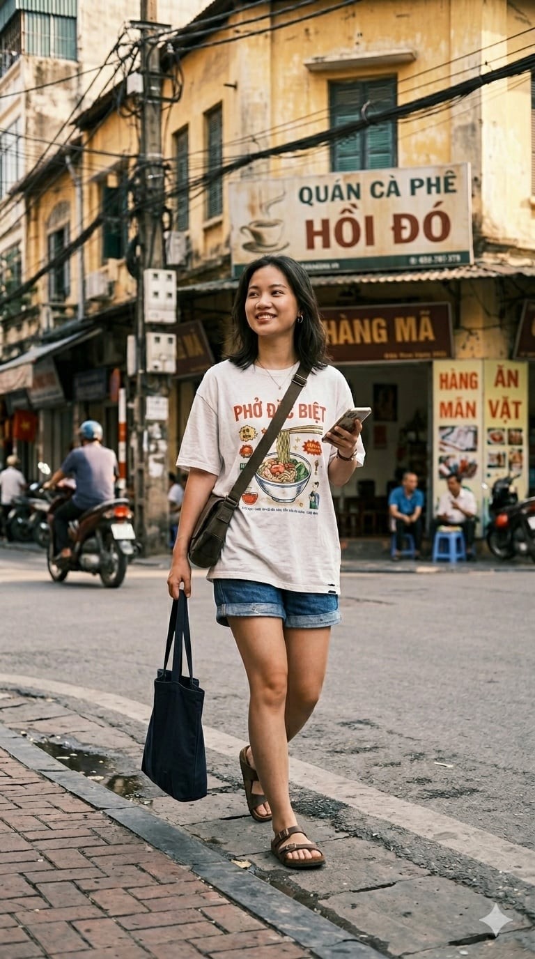 Quần short giúp tổng thể trẻ trung hơn, phù hợp cho cả dạo phố lẫn du lịch.