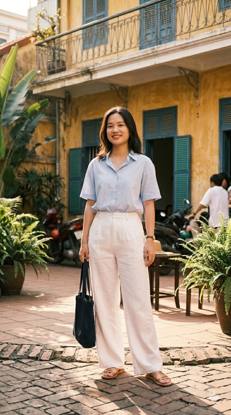 Áo sáng màu kết hợp quần trắng giúp diện mạo luôn tươi mới và dễ gây thiện cảm.