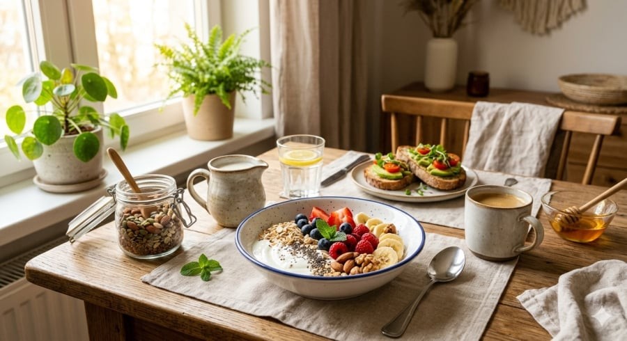 Bữa sáng từ thực phẩm tươi giúp giảm gánh nặng cho thận và cung cấp dinh dưỡng cân bằng.