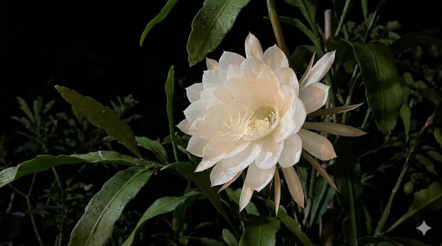 Khoảnh khắc hoa quỳnh nở – vẻ đẹp mong manh nhưng đầy cuốn hút trong đêm.