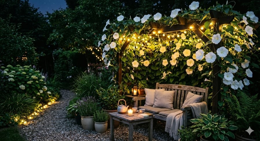 Góc vườn buổi tối trở nên thư thái hơn khi hoa bắt đầu bung nở và tỏa hương dịu nhẹ.