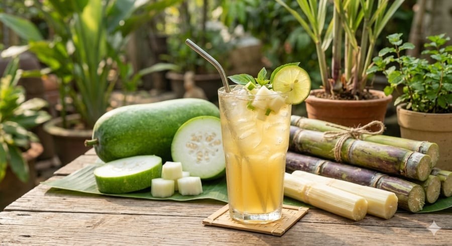 Nước mía nấu bí đao là thức uống dân gian giúp giải nhiệt hiệu quả trong ngày nóng.